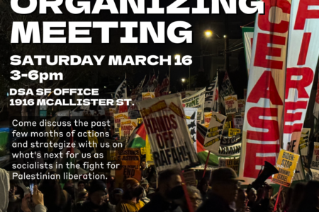 A digital DSA SF flyer with text over a photo of a crowd of Free Palestine protestors and their signs. The text reads, "Palestine Organizing Meeting, Saturday, March 16th, 3 p.m. - 6 p.m. DSA SF Office at 1916 McAllister Street. Come discuss the past few months of actions and strategize with us on what's next for us as socialists in the fight for Palestinian liberation."
