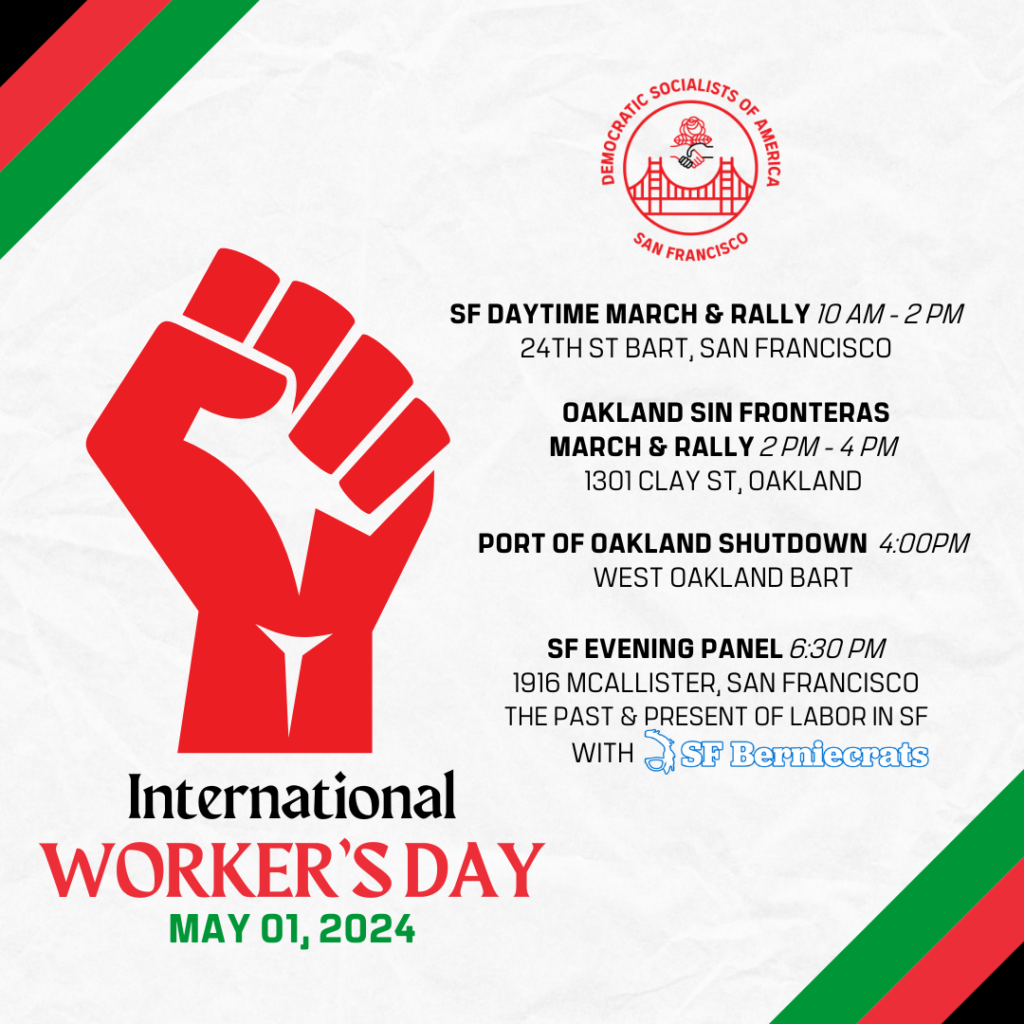 Digital flyer for International Worker's Day. Flyer features Palestinian colors, the DSA SF logo, and a red, upraised fist