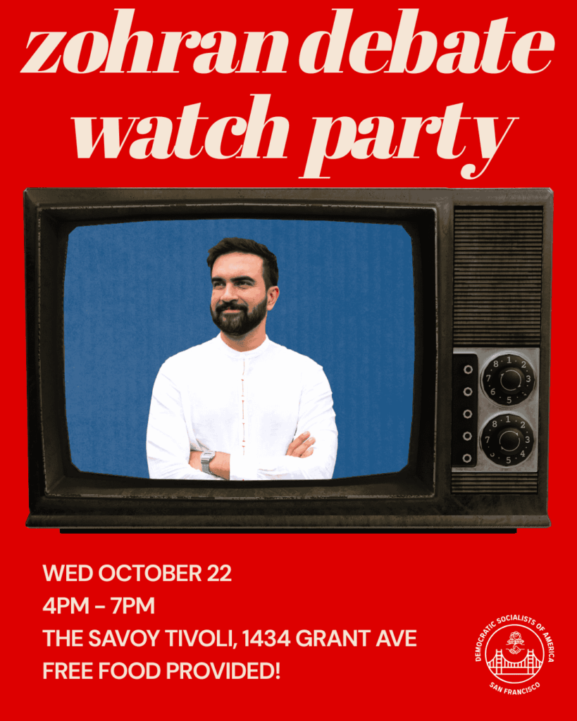Digital flier for Zohran Debate Watch Party. Image has a red background and shows photo Zohran Mamdani inside a TV set.