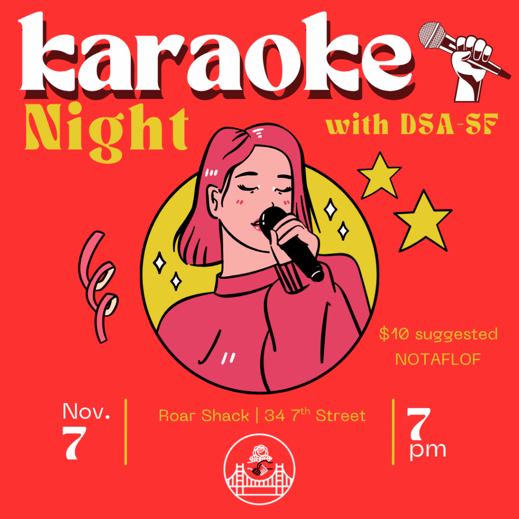 Digital flier for the DSA SF Karoake Night depicting cartoon person singing