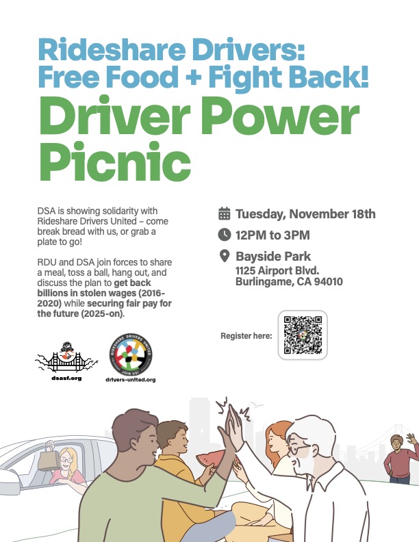 Digital flier for Rideshare Drivers United Picnic. Image shows drivers meeting and giving a high-five.