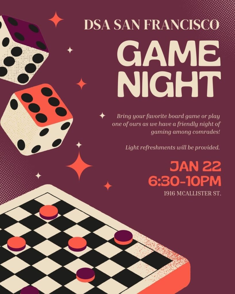 Flier for a DSA SF Game Night. Die and checker board on a red background.