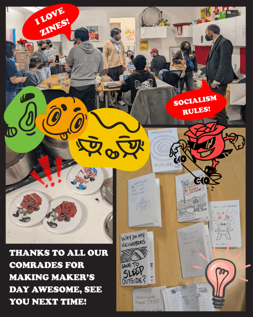 Picture of DSA SF members working on zines with text bubbles that say