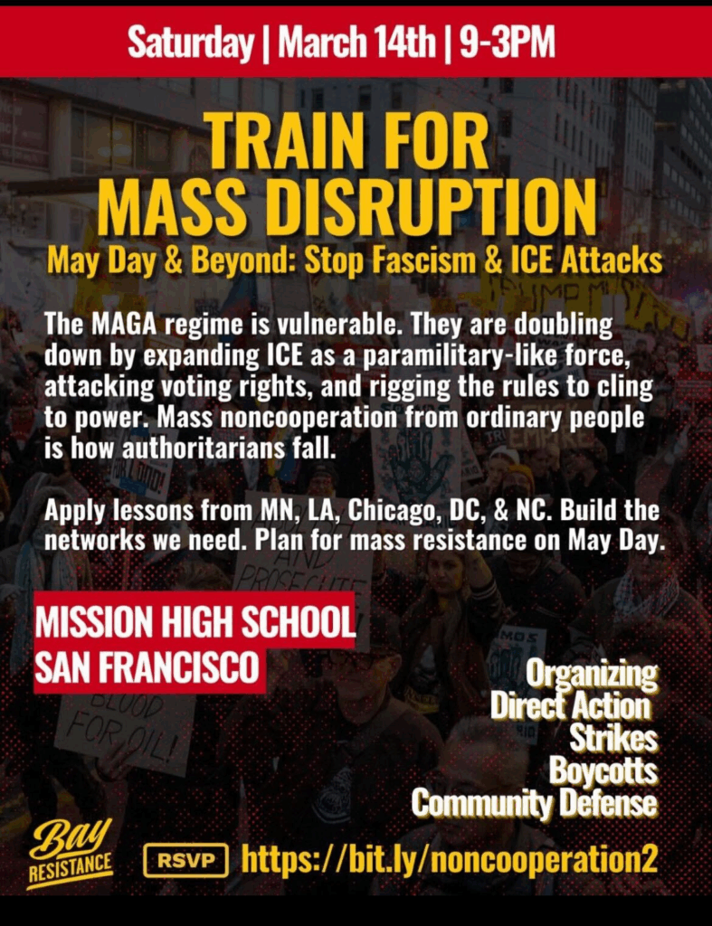 Picture of protesters with text in yellow that says "TRAIN FOR MASS DISRUPTION"