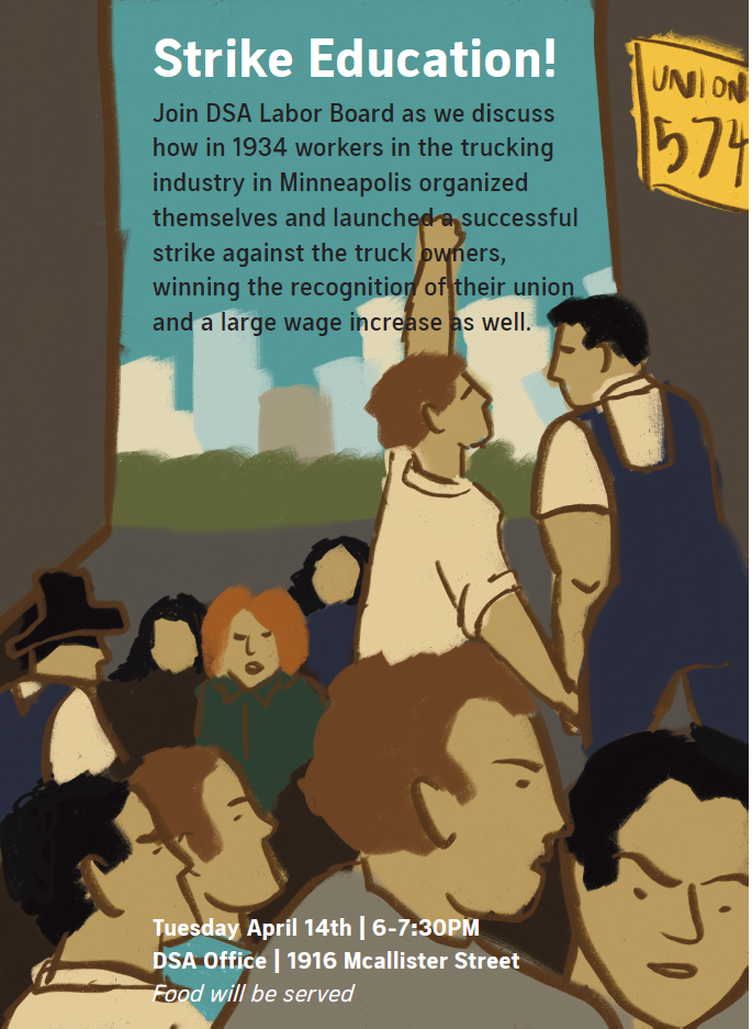 Drawing of strikers with overview of Strike Education event