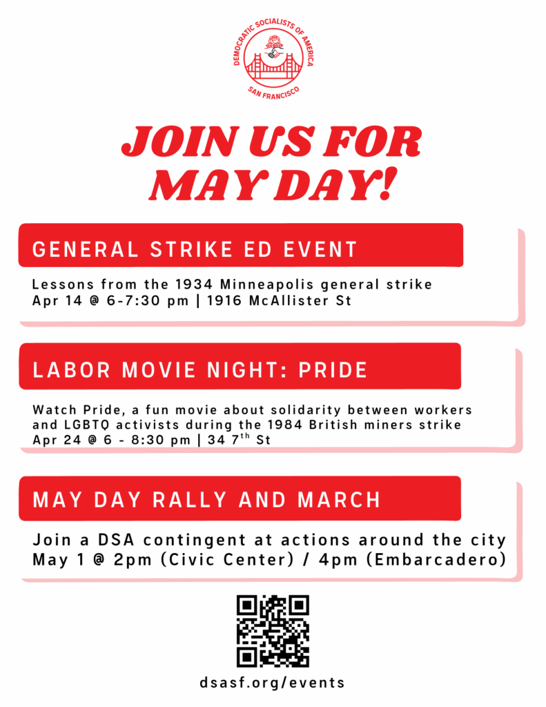 DSA logo, Join Us for May Day in red font with description of May Day Events
