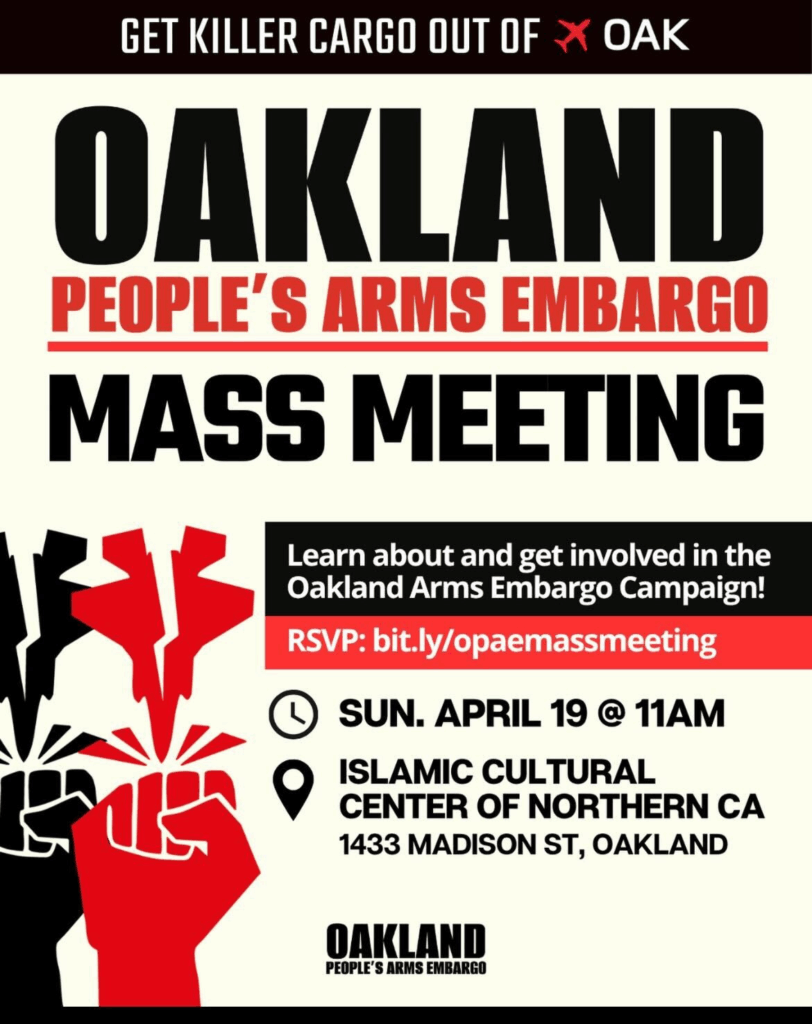 Oakland People's Arms Embargo Mass meeting flyer - red and black text w event details