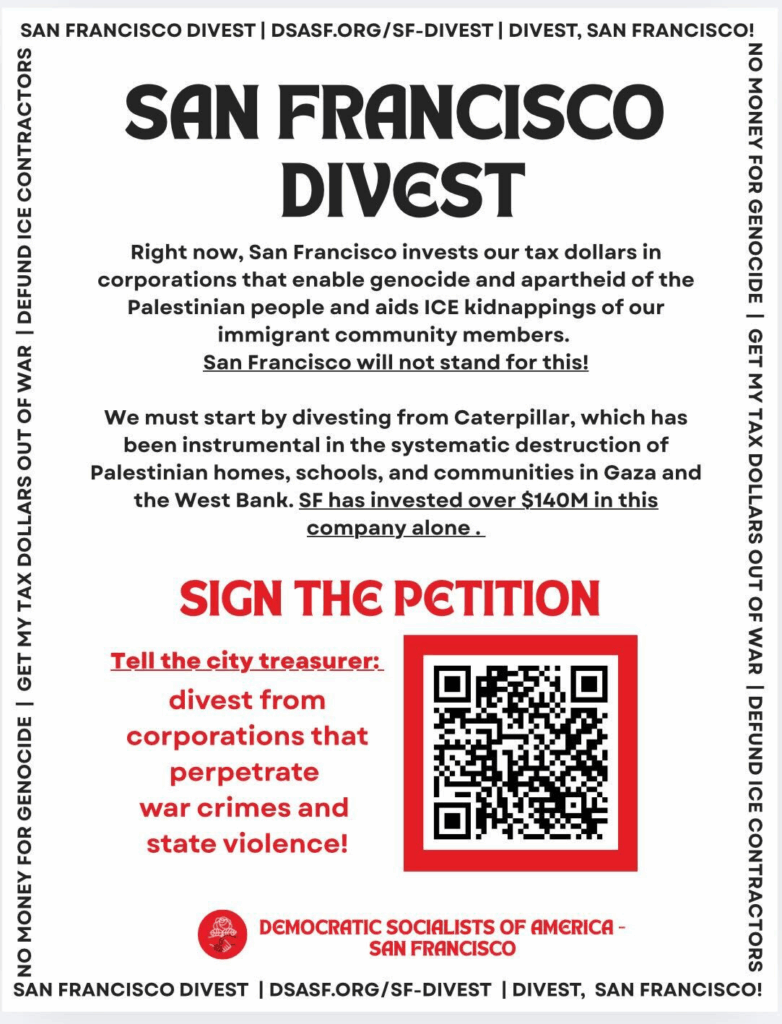 San Francisco Divest poster with black font and QR code to sign petition