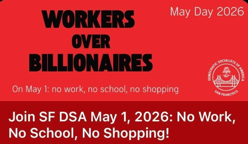 Red flyer that says Workers over billionaires