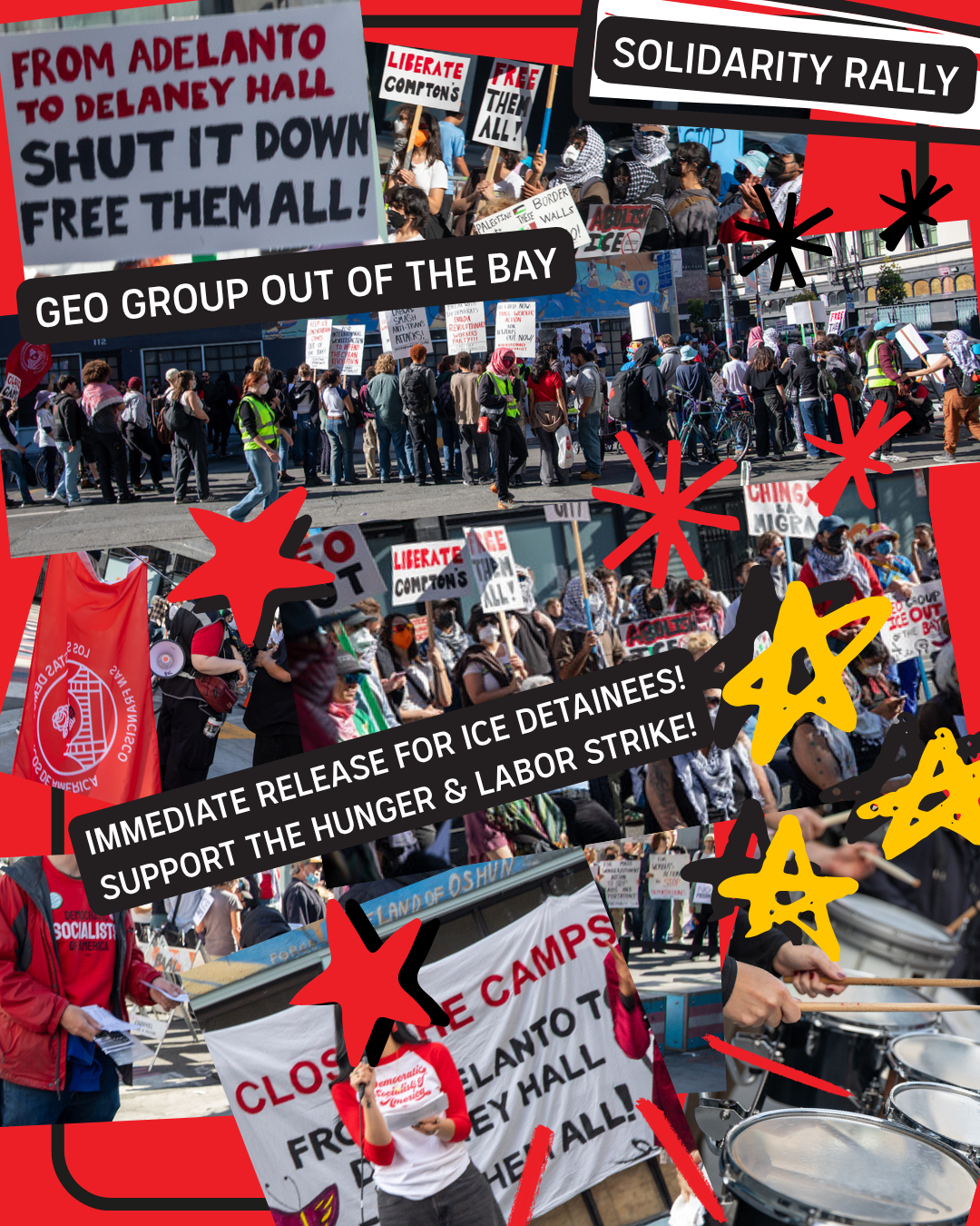 Collage of pictures from the solidarity rally with starts doodled on top 